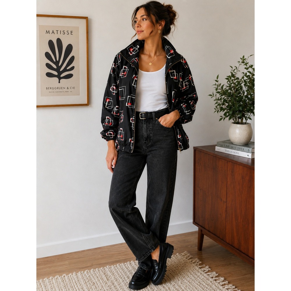 EVR Womens XL Geometric Square Print Windbreaker Jacket Black Full Zip Retro